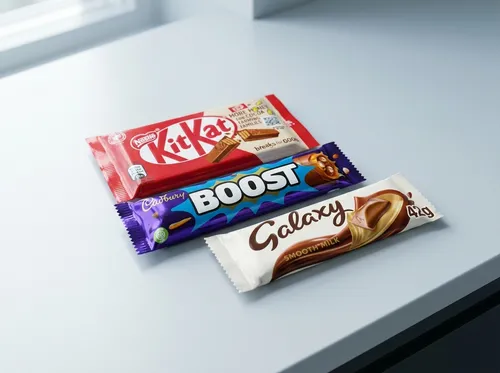 Selection of chocolate bars and snacks in a vending tray